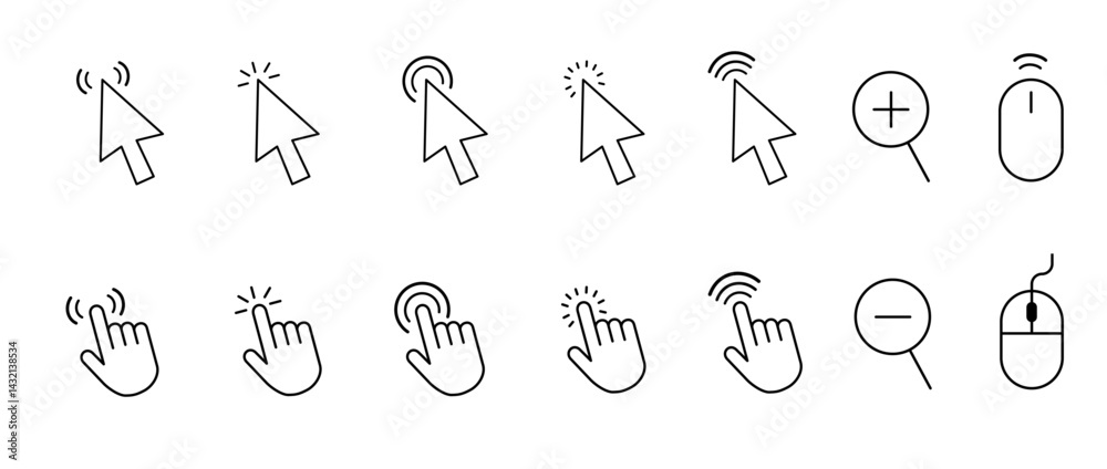 Poster computer mouse cursor icon set with arrows, hand pointers, click effects, and loading symbols. perfe