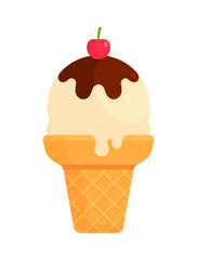 Vanilla ice cream cone with chocolate syrup and cherry topping. Summer dessert concept. Flat vector illustration isolated on white background