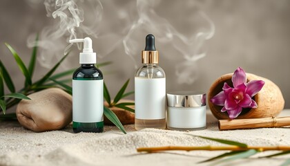Natural skincare products, amber glass bottles, wooden accessories, bamboo leaves, white stones, minimalist composition, soft lighting, beige background