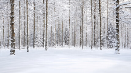 Snow covered trees create serene winter landscape, inviting tranquility and peace