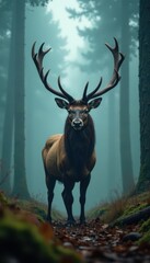 Ancient stag, massive antlers, dense fog, ancient forest, landscape, woodland, shadows