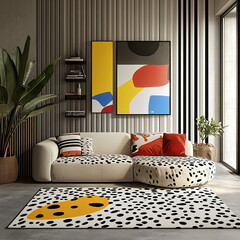 small but cute animal print pattern on it, and the background Memphis Group style living room with bold geometric patterns, asymmetrical shelving in primary colors.