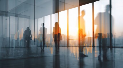 City Skyline Reflected in Glass Office Wall During Sunset