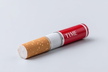 Obraz premium Anti-smoking concept. Conceptual Art of Cigarette Representing Time with Bold Red Packaging and Unique Design on Grey Background