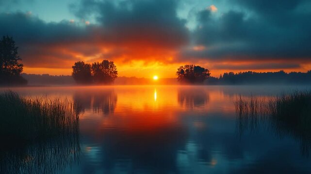 Serene sunrise over a tranquil lake with mist, surrounded by lush trees and vibrant colors