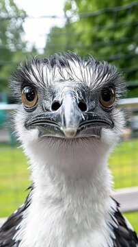 Close-up of a juvenile southern screamer bird with brown eyes and wet white feathers looking directly at the camera with a green background.