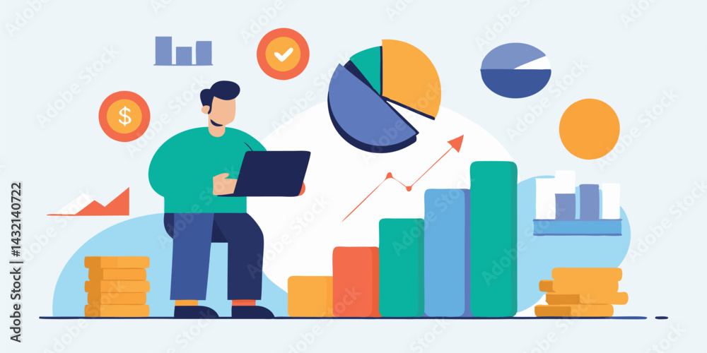 Poster Engaging vector illustration of a person analyzing data with charts and graphs in a digital workspace setting