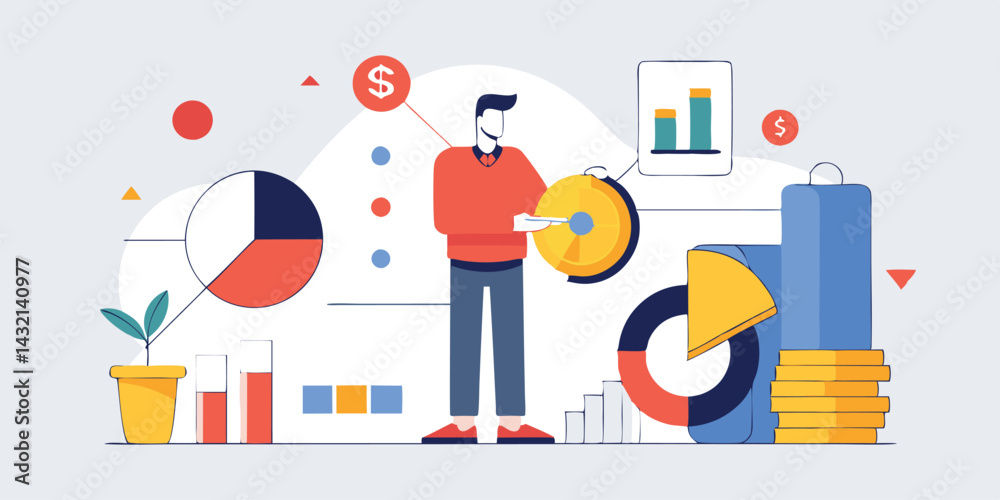 Poster Engaging vector illustration of a person analyzing data with charts and graphs in a digital workspace setting
