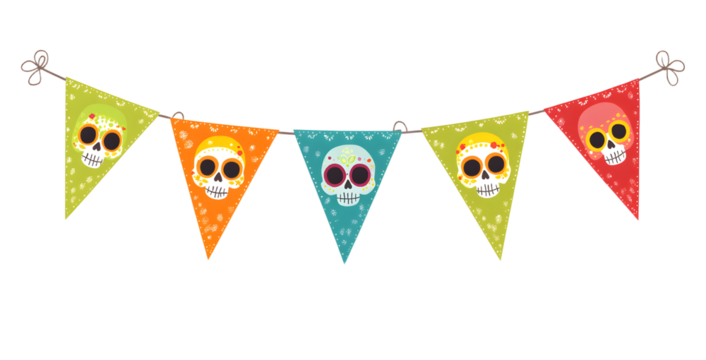 Colorful festive bunting featuring decorated skulls, hanging against a white background, ideal for celebration themes