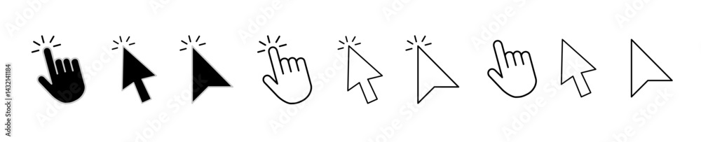 Poster computer mouse cursor icon set with arrows, hand pointers, click effects, and loading symbols. perfe