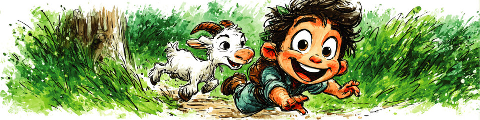 Joyful Cartoon Child and Playful Baby Goat Running Through Green Meadow, Watercolor Style, Whimsical Spring Illustration