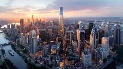 Fototapeta premium Sunset panorama of a modern cityscape with towering skyscrapers, water, and roads