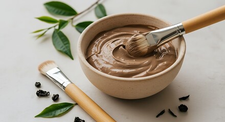  Natural clay mask in a ceramic bowl with a brush, surrounded by green tea leaves, clean beauty aesthetic