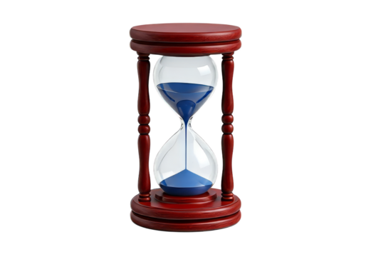A classic hourglass with a dark-red wooden frame and blue sand, set against a transparent background.