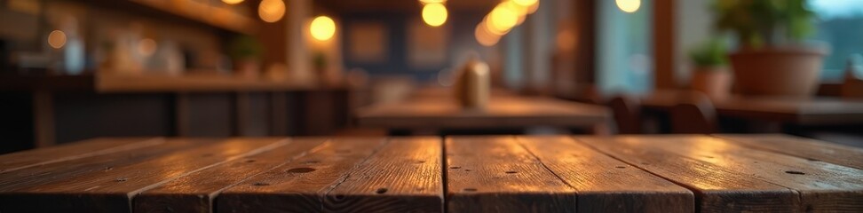 Rustic wooden tabletop, bokeh restaurant lights, dark, food