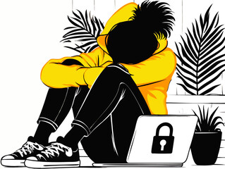 Sad Teenager in Yellow Hoodie Sitting on Floor with Locked Laptop, Abstract Monochrome Vector, Cybersecurity and Isolation Concept