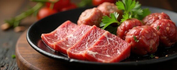 Sliced beef, stewed beef cubes, beef meatballs ready for hot pot , noodles, broth