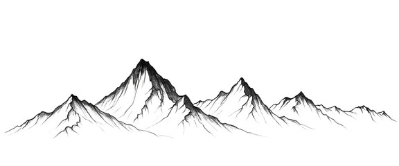 Hand-drawn illustration of a majestic mountain range with a transparent background, featuring detailed peaks and valleys in black and white.