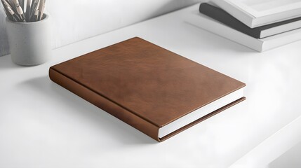 A plain notebook or binder mockup with a blank cover, set on a white desk. Minimalist stationery
