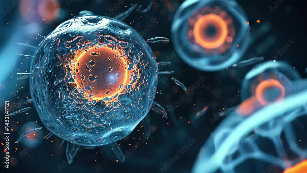 Poster exploration of microscopic cells with vibrant colors showcasing intricate details in a biological en