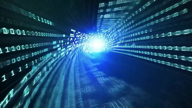 Futuristic data stream with binary code tunnel, digital technology background