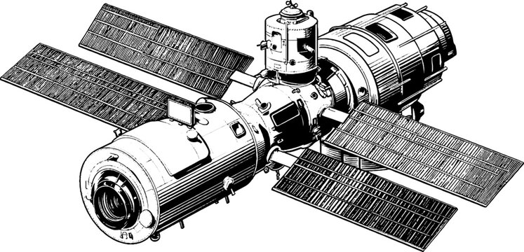 Intricate engraved illustration of iss module and docking configuration for space exploration design