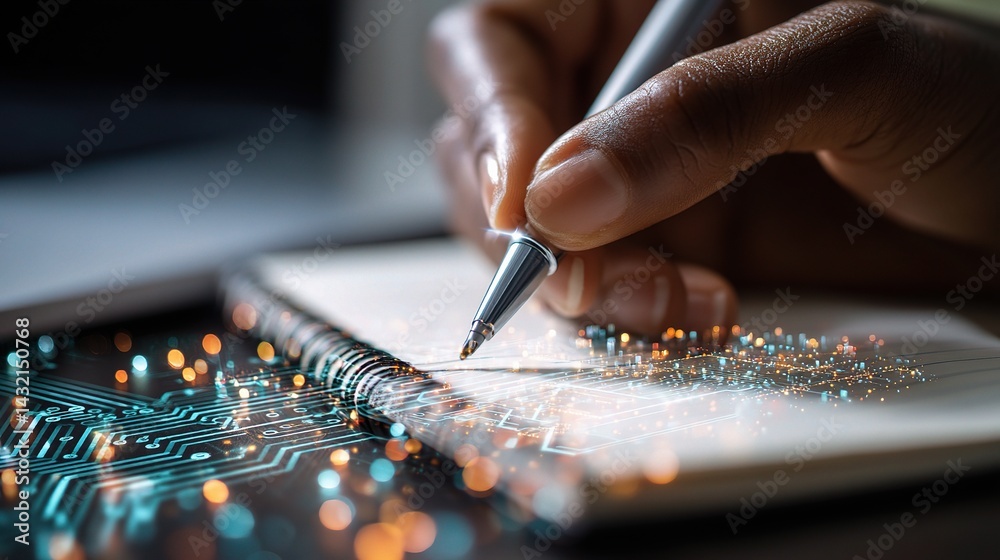 Poster close-up of hand writing on notebook with data visualization effect