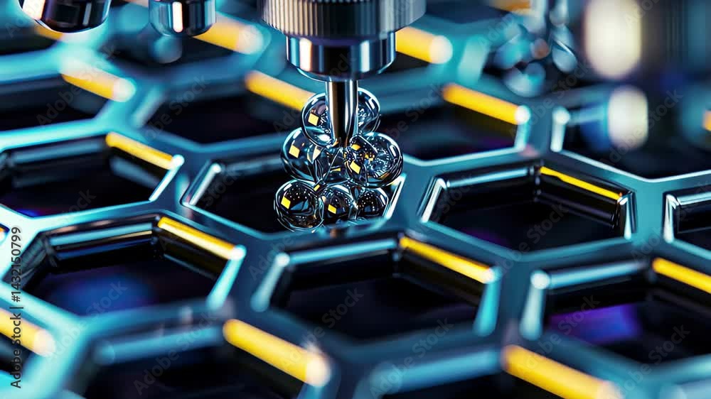 Poster Close-up of advanced technology applying precise droplets onto a hexagonal surface in a futuristic lab setting
