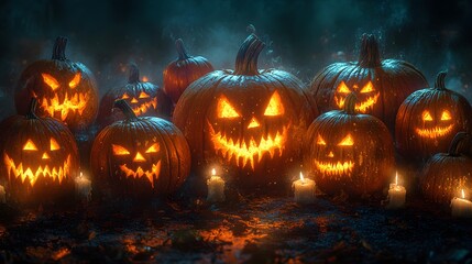 Naklejka premium A group of pumpkins with carved faces, illuminated by candlelight against a dark background. The pumpkins range in size from small to large and have different expressions on their faces. They appear a
