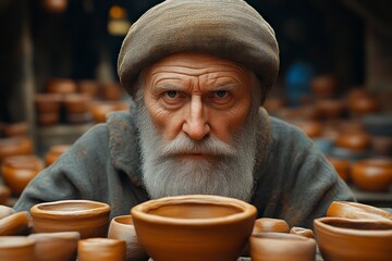 An elderly artisan surrounded by handmade clay pots showcasing traditional craftsmanship and w