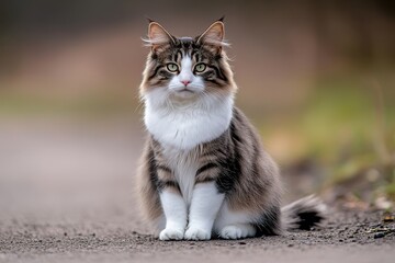 Majestic Long-Haired Cat with White Chest Sitting Calmly on a Path Surrounded by Nature in Soft Focus Background and Warm Light