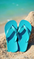 Fototapeta premium Relaxing blue beach flip-flops Ideal summer vacation accessory , e-commerce, flip flops, summer accessory