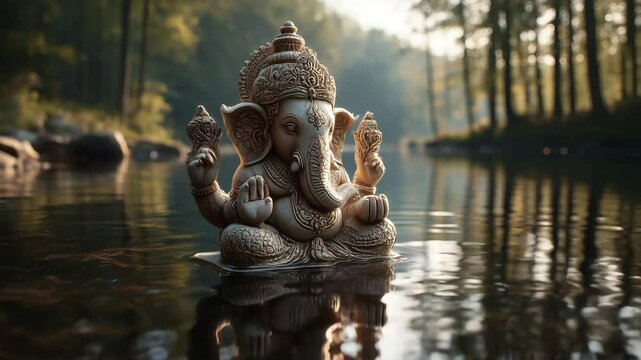 Ganesh Statue in Reflecting Waters: The statue of the deity Ganesh in River, Ganpathy statue, hindu god, Hindu God Ganesh, vinayaka