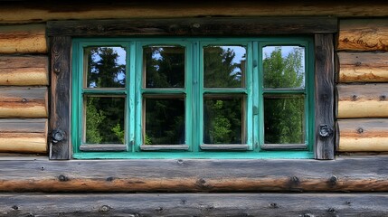 Rustic Log Cabin Window with Teal Frame, Green Trees Reflection