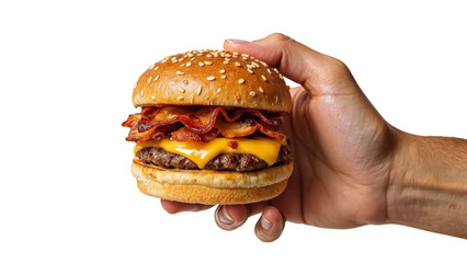 A juicy cheeseburger with crispy bacon, held in a hand against a transparent background.