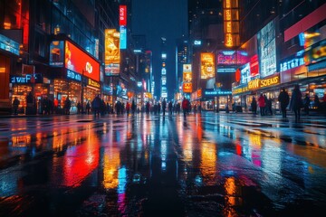 Obraz premium Vibrant Night Scene with Illuminated Signs and Reflective Wet Streets