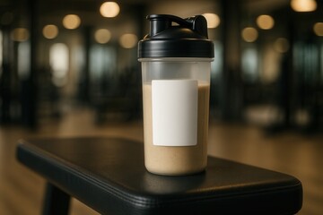 Protein shaker bottle resting on bench in blurred gym background