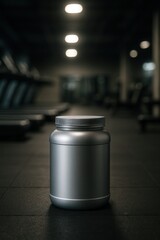 Obraz premium Plastic jar of whey protein or gainer stands on floor in gym with treadmills in background