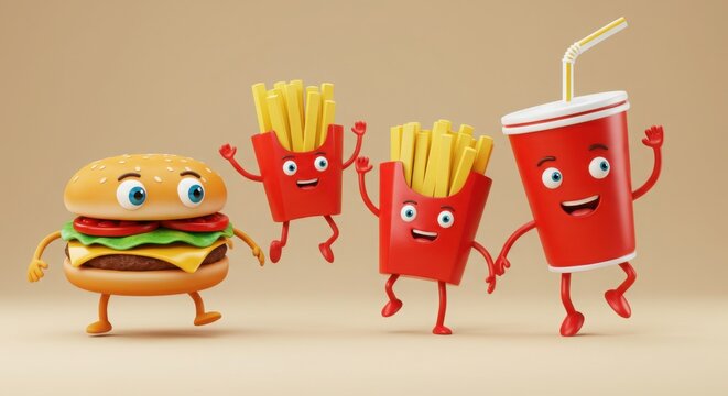 3D food characters like smiling burgers, dancing fries, and cheerful soda cups