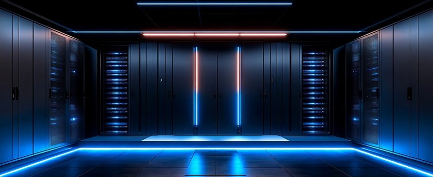 Dark futuristic server room with glowing blue accents