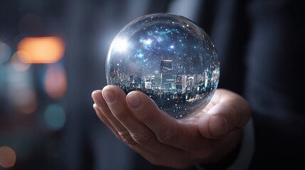 Fototapeta premium Businessman Holding Crystal Globe with City and Stars View