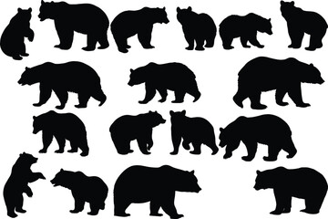Set of bear silhouette vector illustration, bear in various pose