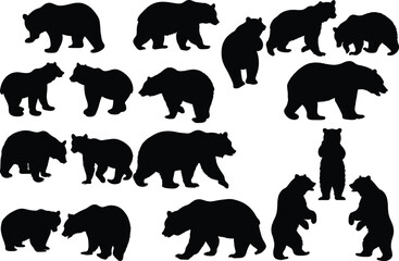 Set of bear silhouette vector illustration, bear in various pose