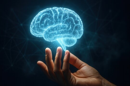 Hand holding glowing digital brain representing artificial intelligence and neural networks - Powered by Adobe