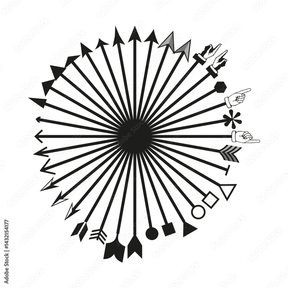 Poster arrowhead circle icon. radial pointer symbol. vector direction set. black arrow composition.