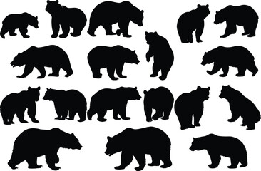 Set of bear silhouette vector illustration, bear in various pose