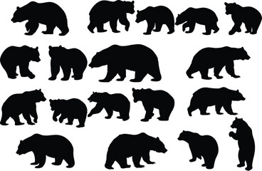 Set of bear silhouette vector illustration, bear in various pose