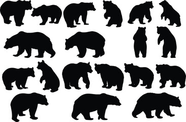 Set of bear silhouette vector illustration, bear in various pose