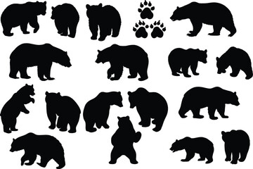 Set of bear silhouette vector illustration, bear in various pose