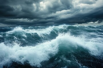 Naklejka premium Powerful waves crash against a stormy sea.